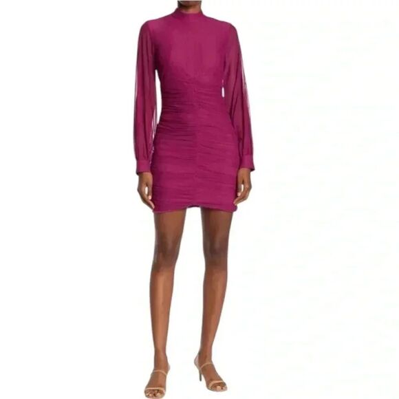 LOVE X DESIGN RUCHED BALLOON SLEEVE HIGH NECK DRESS IN BERRY - Picture 1 of 5